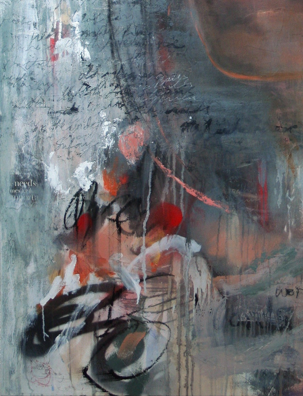 Large-scale mixed media portrait blending expressive realism with abstraction, featuring a woman’s contemplative face emerging through layers of translucent paint, scribbled text, collage fragments, and gestural marks. Her gaze is turned upward, and the piece is rich with emotional depth, urban textures, and moody atmospheric tones.