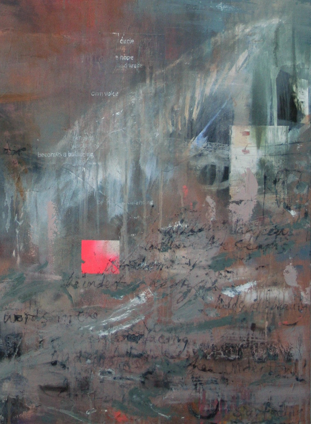 Large-scale mixed media portrait blending expressive realism with abstraction, featuring a woman’s contemplative face emerging through layers of translucent paint, scribbled text, collage fragments, and gestural marks. Her gaze is turned upward, and the piece is rich with emotional depth, urban textures, and moody atmospheric tones.