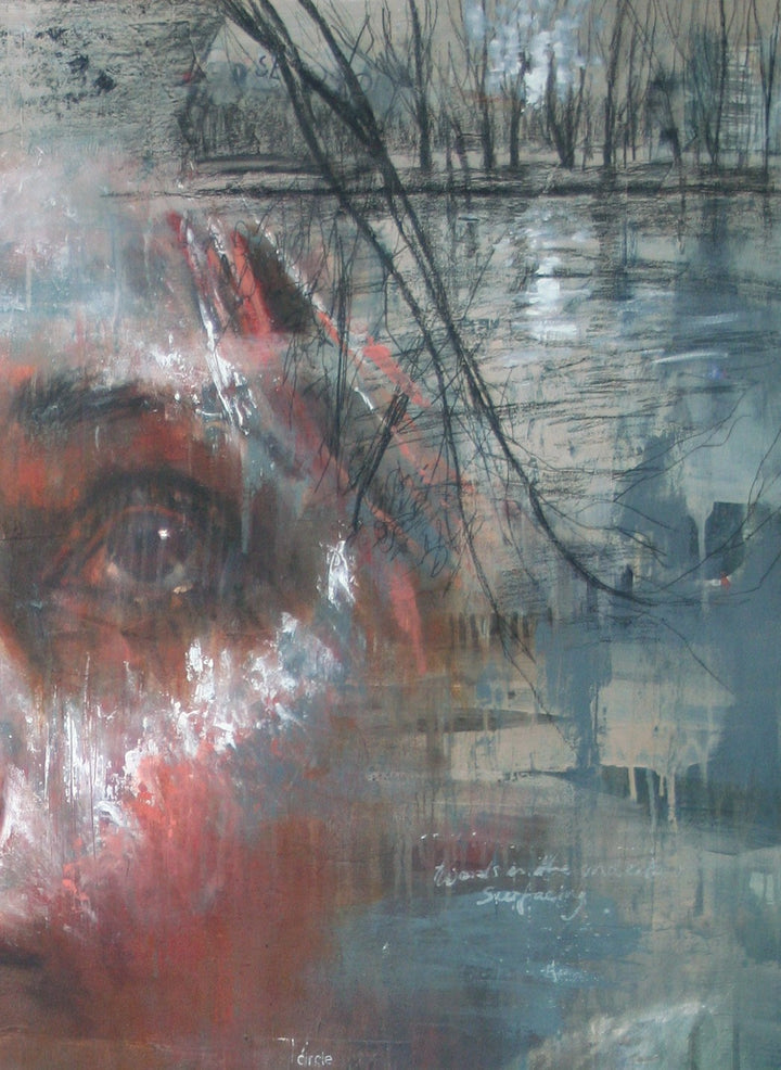 Large-scale mixed media portrait blending expressive realism with abstraction, featuring a woman’s contemplative face emerging through layers of translucent paint, scribbled text, collage fragments, and gestural marks. Her gaze is turned upward, and the piece is rich with emotional depth, urban textures, and moody atmospheric tones.