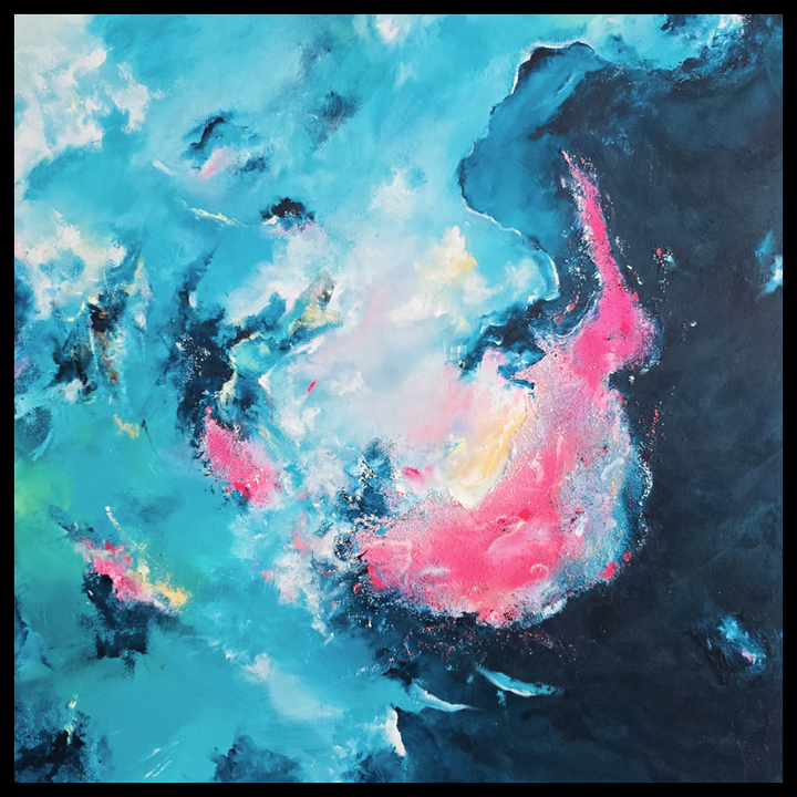 An abstract mixed-media painting in vibrant teal, turquoise, deep navy and neon pink, with layered textures and soft airbrushed transitions creating a swirling, cloud-like composition that shifts between calm spaces and energetic bursts of colour.