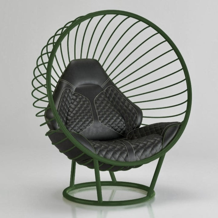 “California Chair – Standing Car Trim” by Ben Rousseau – a sculptural chair with a green powder-coated steel frame and quilted black leather upholstery inspired by 1980s sports car interiors. A bold fusion of craftsmanship, design, and automotive luxury.

