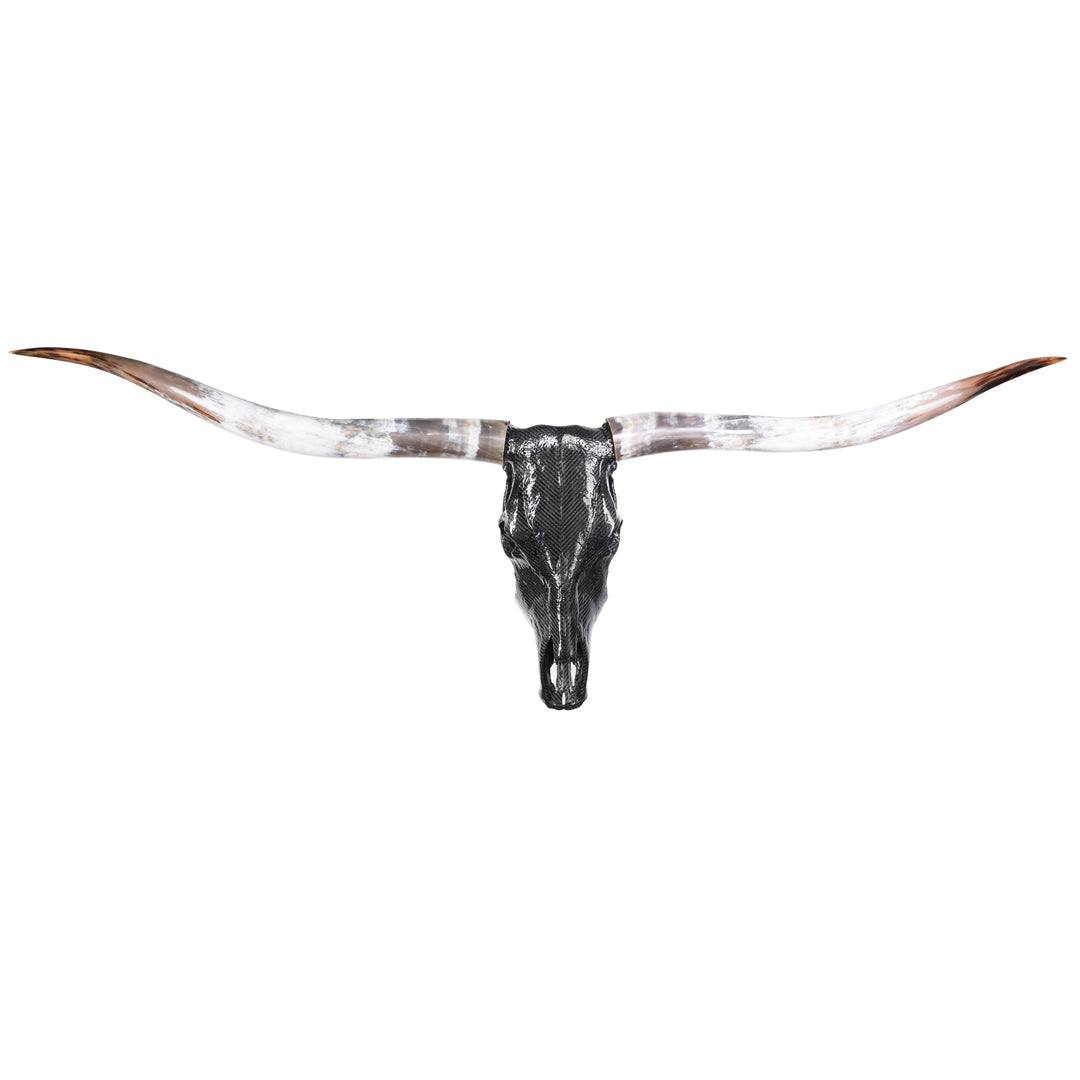 Alastair Gibson CarbonArt45 carbon fibre longhorn skull wall sculpture with polished natural horns and titanium Formula One components