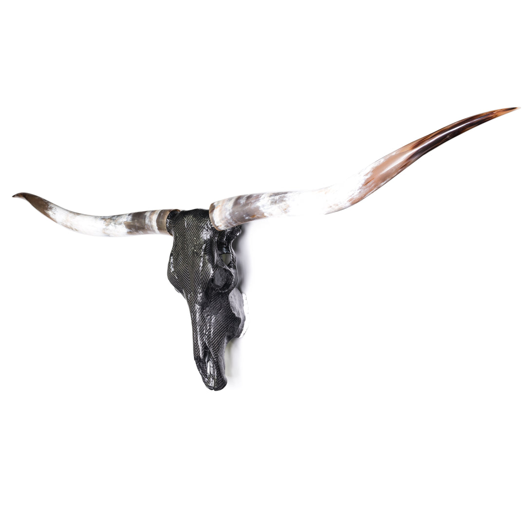 Alastair Gibson CarbonArt45 carbon fibre longhorn skull wall sculpture with polished natural horns and titanium Formula One components