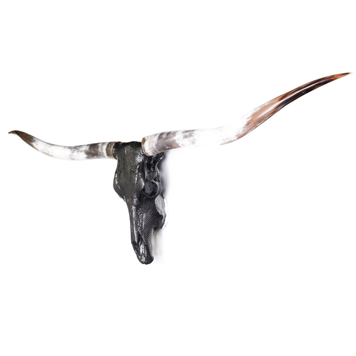 Alastair Gibson CarbonArt45 carbon fibre longhorn skull wall sculpture with polished natural horns and titanium Formula One components