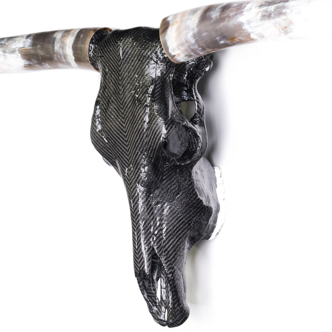Alastair Gibson CarbonArt45 carbon fibre longhorn skull wall sculpture with polished natural horns and titanium Formula One components
