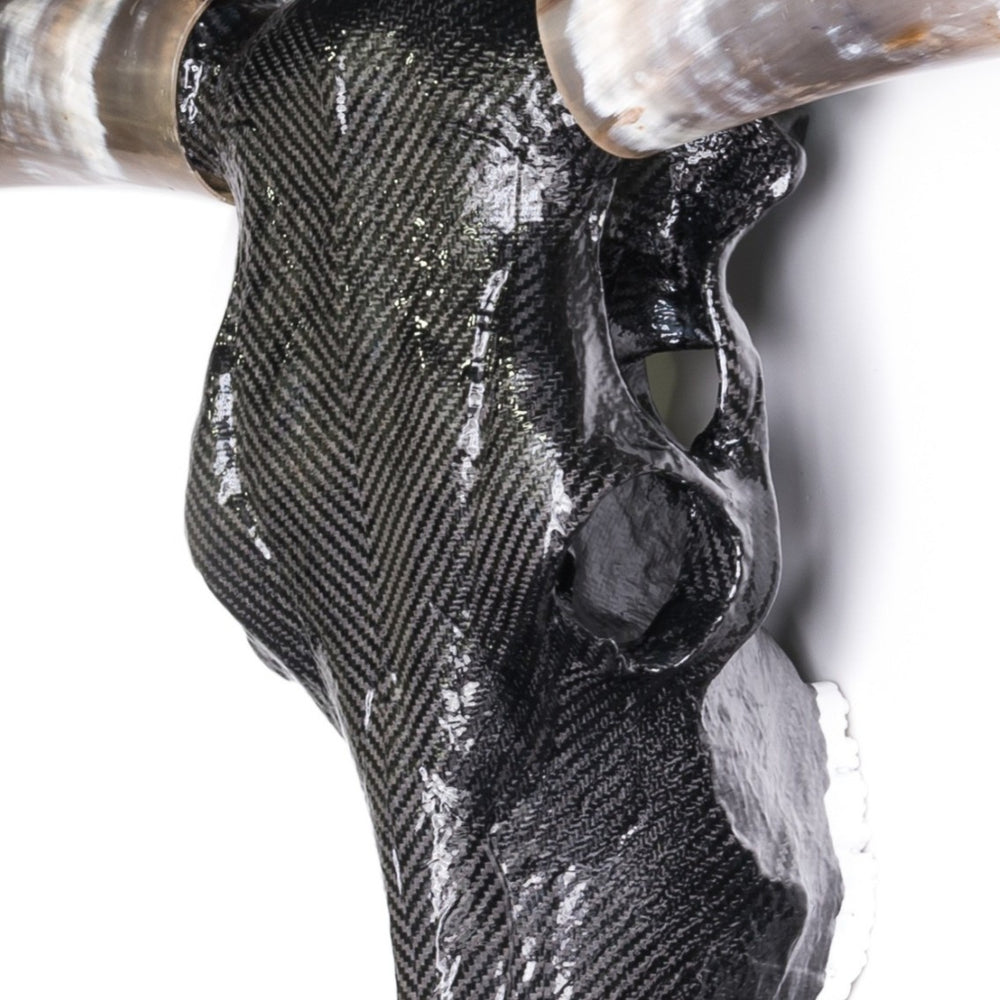 Alastair Gibson CarbonArt45 carbon fibre longhorn skull wall sculpture with polished natural horns and titanium Formula One components