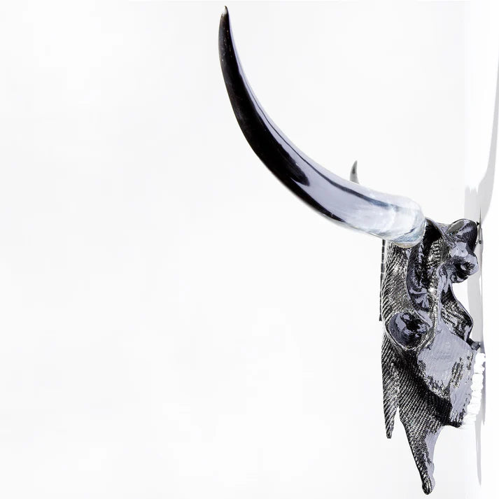 Alastair Gibson CarbonArt45 carbon fibre longhorn skull wall sculpture with polished natural horns and titanium Formula One components
