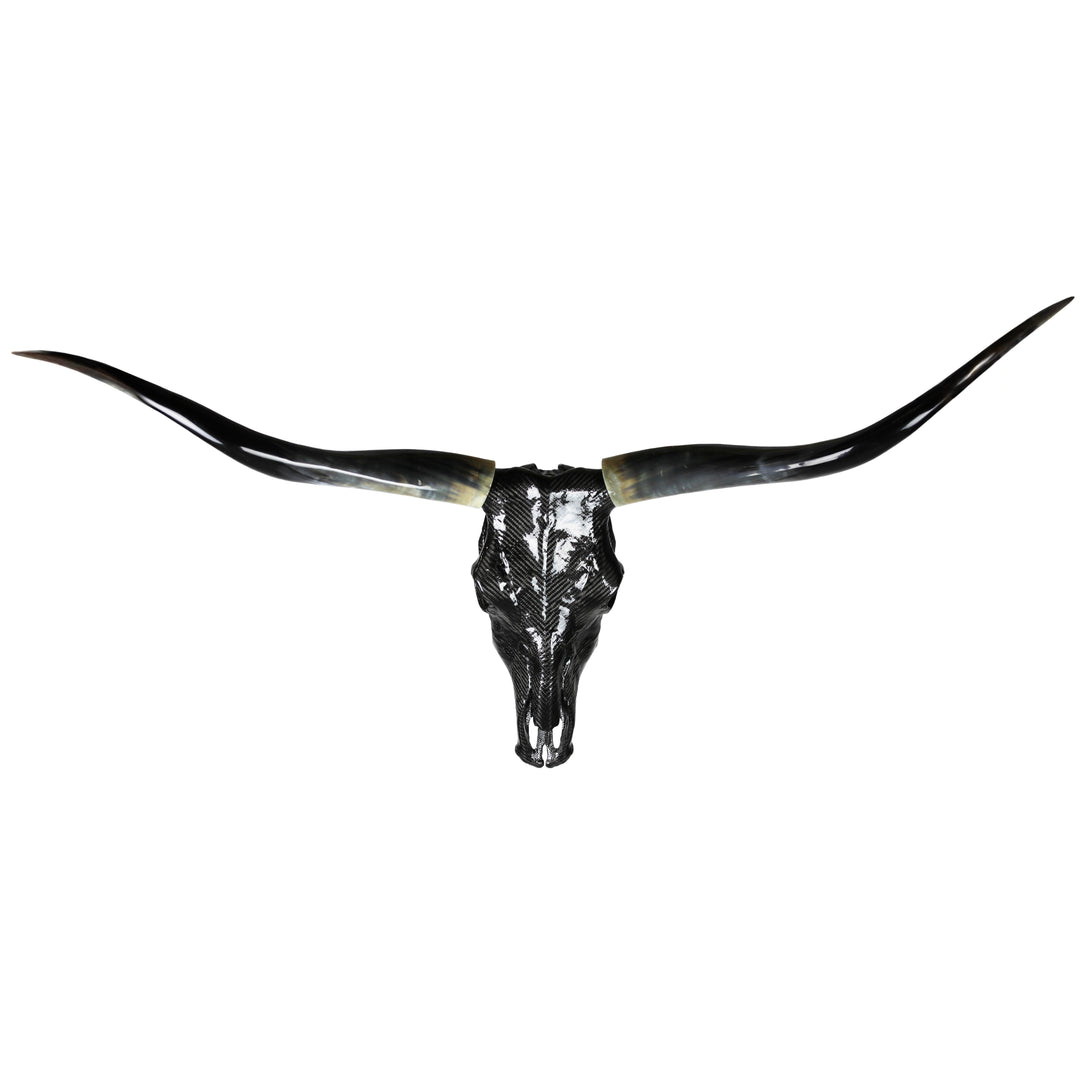 Alastair Gibson CarbonArt45 carbon fibre longhorn skull wall sculpture with polished natural horns and titanium Formula One components