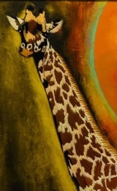 “Cecily and the Moon” by Helena Safari, embroidered and painted canvas depicting a giraffe standing tall under a glowing orange moon, with rich embroidered textures layered into acrylic brushwork, blending wildlife portraiture with textile artistry.