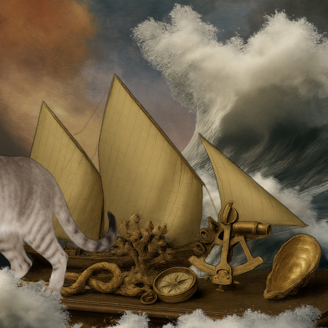 Celestial Tide by Catarina Diaz, an original fine art collage and oil on canvas in an antique frame, depicting a regal female figure adorned with gold, a feline guardian, and a golden-sailed vessel amid stormy seas and gilded maritime symbols of fortune and discovery.