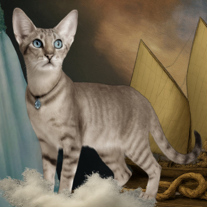 Celestial Tide by Catarina Diaz, an original fine art collage and oil on canvas in an antique frame, depicting a regal female figure adorned with gold, a feline guardian, and a golden-sailed vessel amid stormy seas and gilded maritime symbols of fortune and discovery.