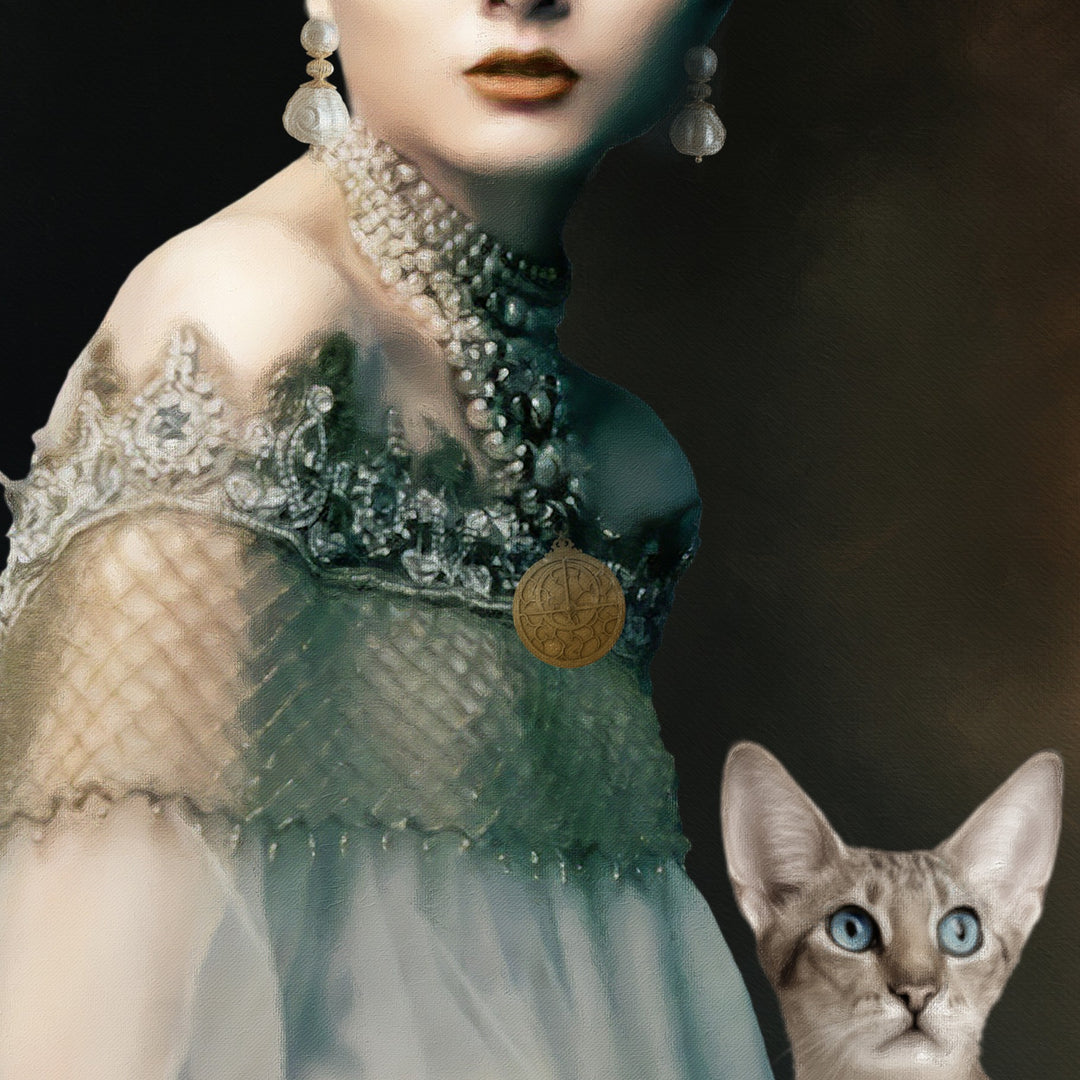 Celestial Tide by Catarina Diaz, an original fine art collage and oil on canvas in an antique frame, depicting a regal female figure adorned with gold, a feline guardian, and a golden-sailed vessel amid stormy seas and gilded maritime symbols of fortune and discovery.
