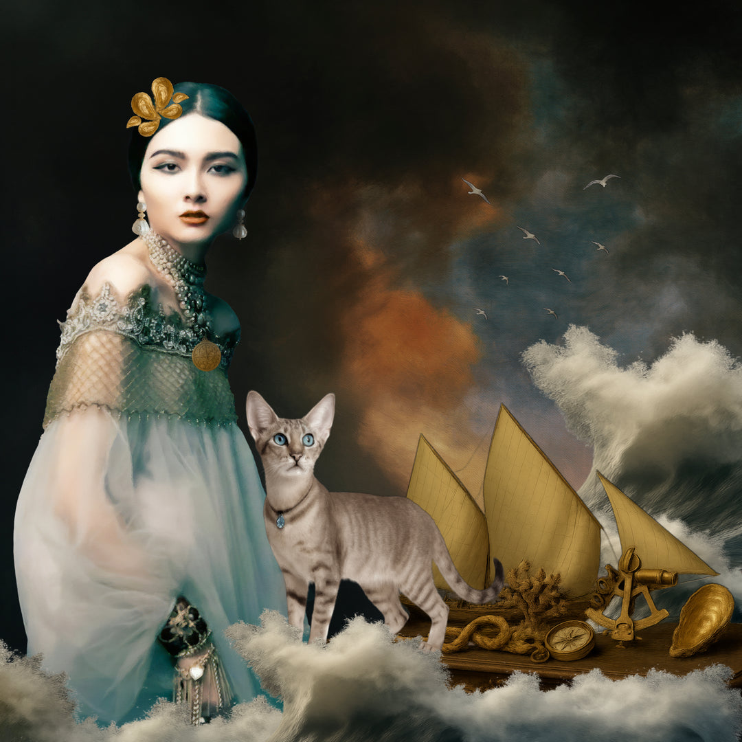 Celestial Tide by Catarina Diaz, an original fine art collage and oil on canvas in an antique frame, depicting a regal female figure adorned with gold, a feline guardian, and a golden-sailed vessel amid stormy seas and gilded maritime symbols of fortune and discovery.