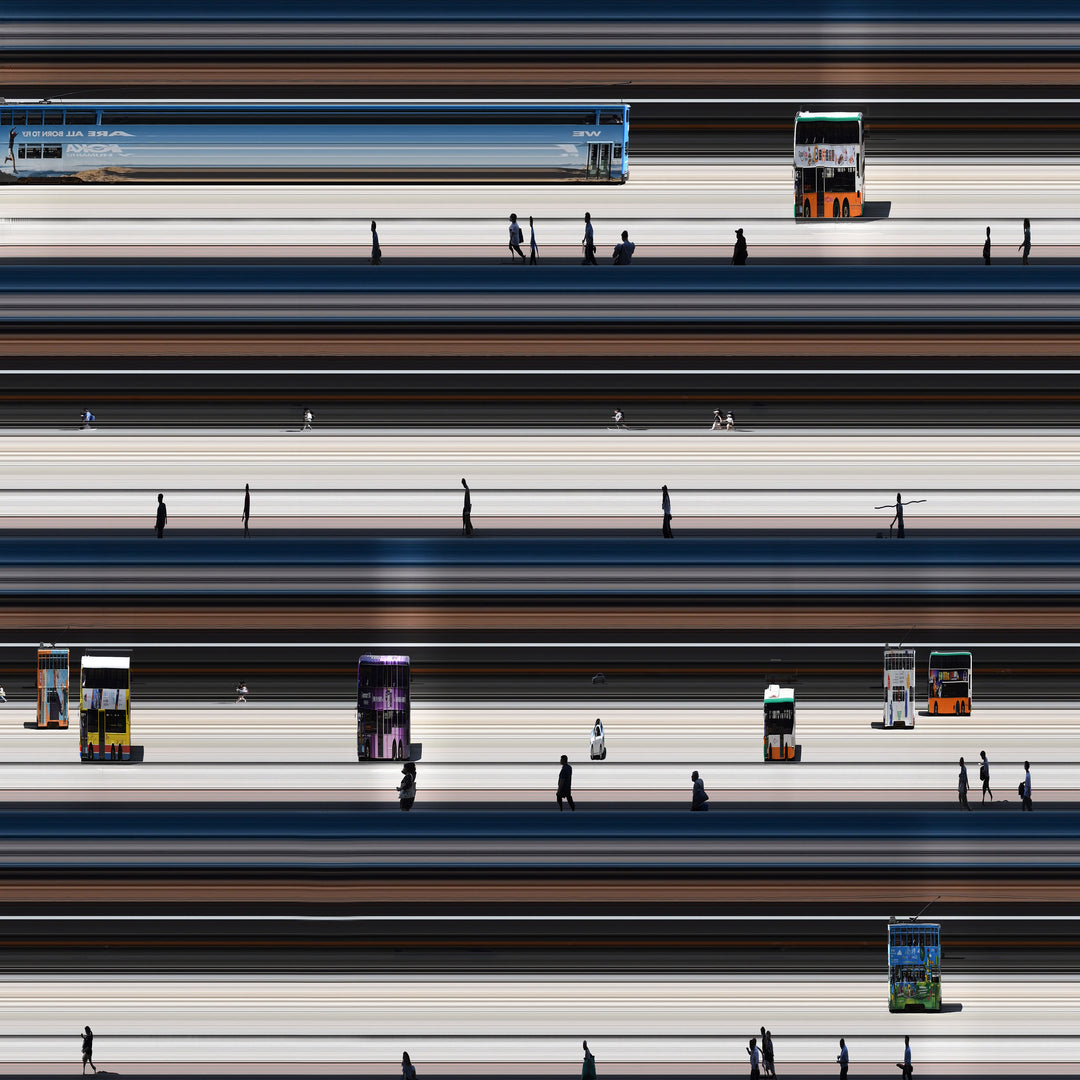 Richard P Jones Central, Hong Kong fine art photographic print depicting layered buses, trams and pedestrians moving through the city’s transport network, created from reconstructed high-speed video imagery and printed as a giclée on brushed aluminium.