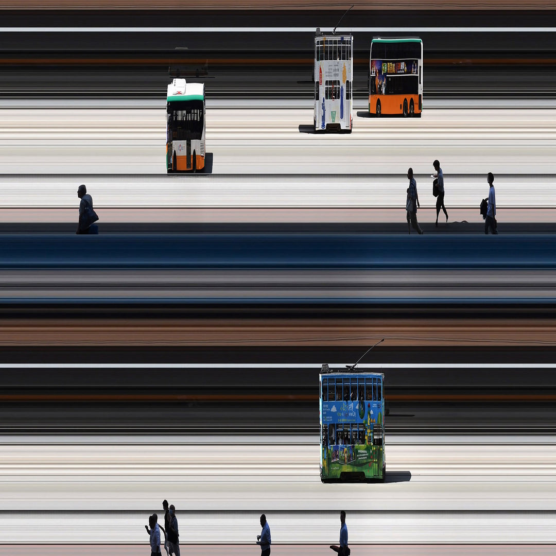 Richard P Jones Central, Hong Kong fine art photographic print depicting layered buses, trams and pedestrians moving through the city’s transport network, created from reconstructed high-speed video imagery and printed as a giclée on brushed aluminium.