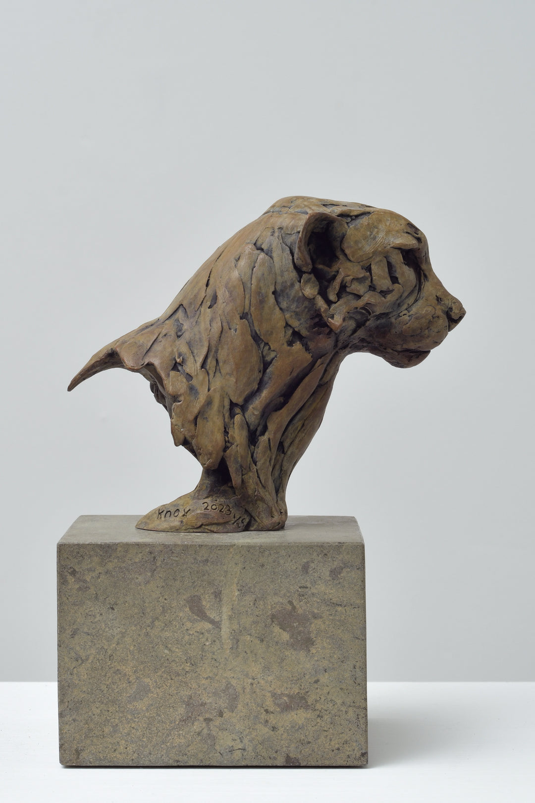Bronze bust of a cheetah with stylised surface detailing and smooth curves, mounted on a stone plinth