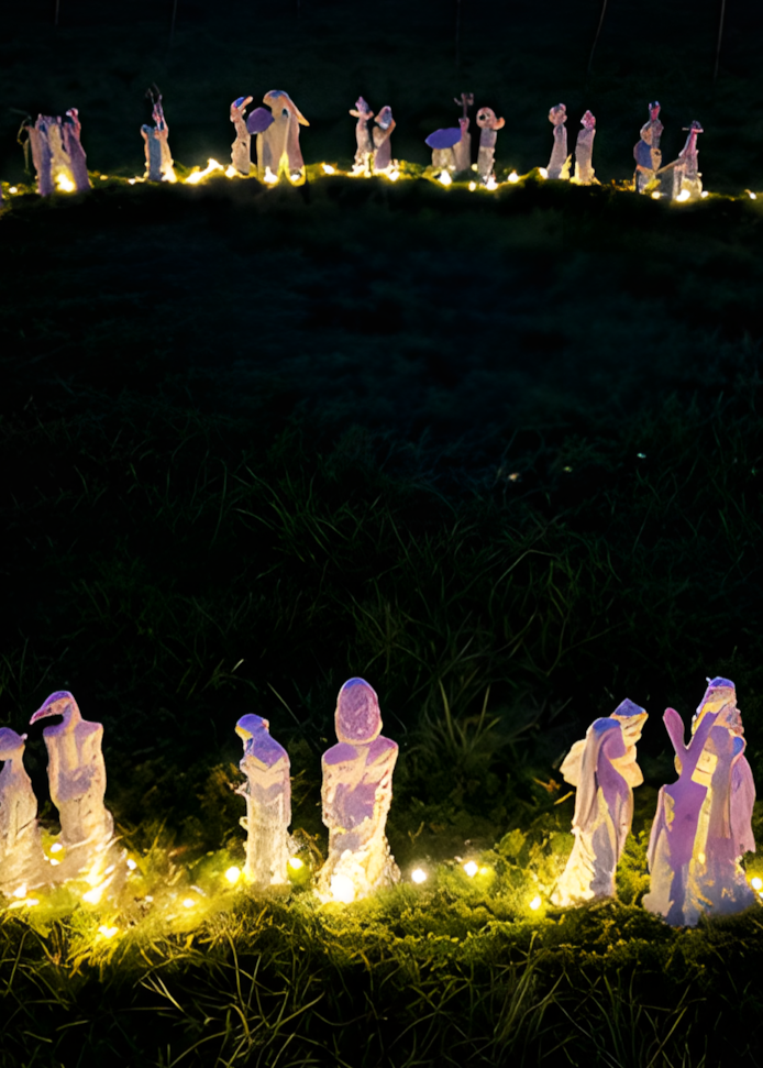 Eve Shepherd Children of Nature sculptural installation featuring around 100 individual porcelain hybrid figures combining human, animal, plant and fungal forms, arranged in a large illuminated fairy ring surrounded by natural moss.