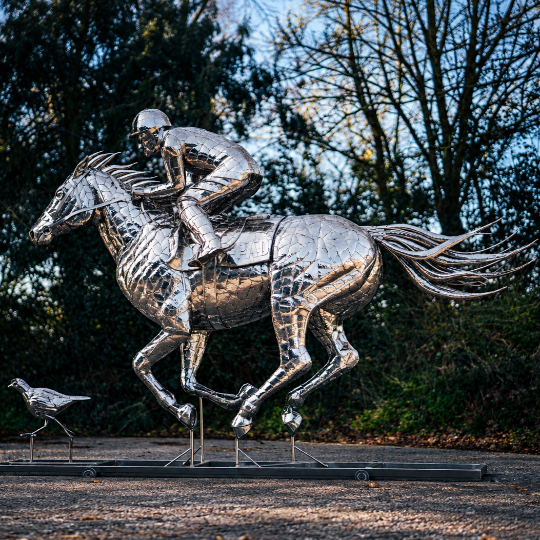 ‘Racehorse & Jockey - A Dynamic Force’ by Michael Turner, a unique, one-of-one stainless steel equestrian sculpture depicting a powerful thoroughbred racehorse galloping at full speed with its jockey leaning forward in a racing position. Handcrafted from hundreds of individually shaped and welded marine-grade stainless steel pieces, the sculpture features a polished silver finish, detailed muscular anatomy, flowing mane and tail, and a helmeted jockey holding the reins. Accompanied by a small running bird, 