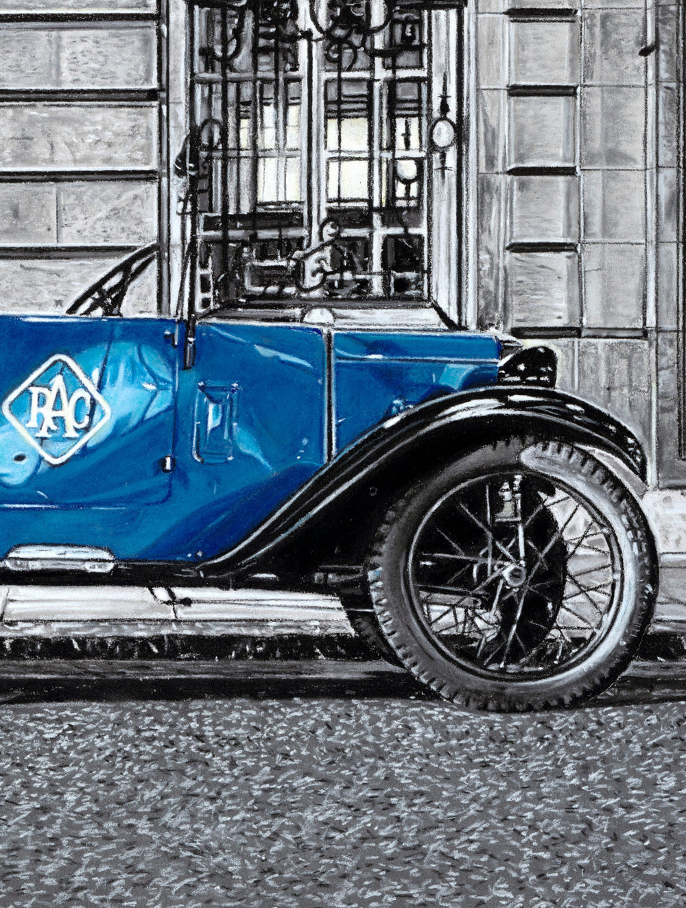 Pastel artwork depicting a 1930 Austin Seven Tourer parked on Pall Mall outside the Royal Automobile Club, with the vivid blue car set against a grand stone façade, illuminated by soft lamplight and surrounded by muted grey architecture, textured paving and evening shadows rendered with fine tonal control and surface detail.