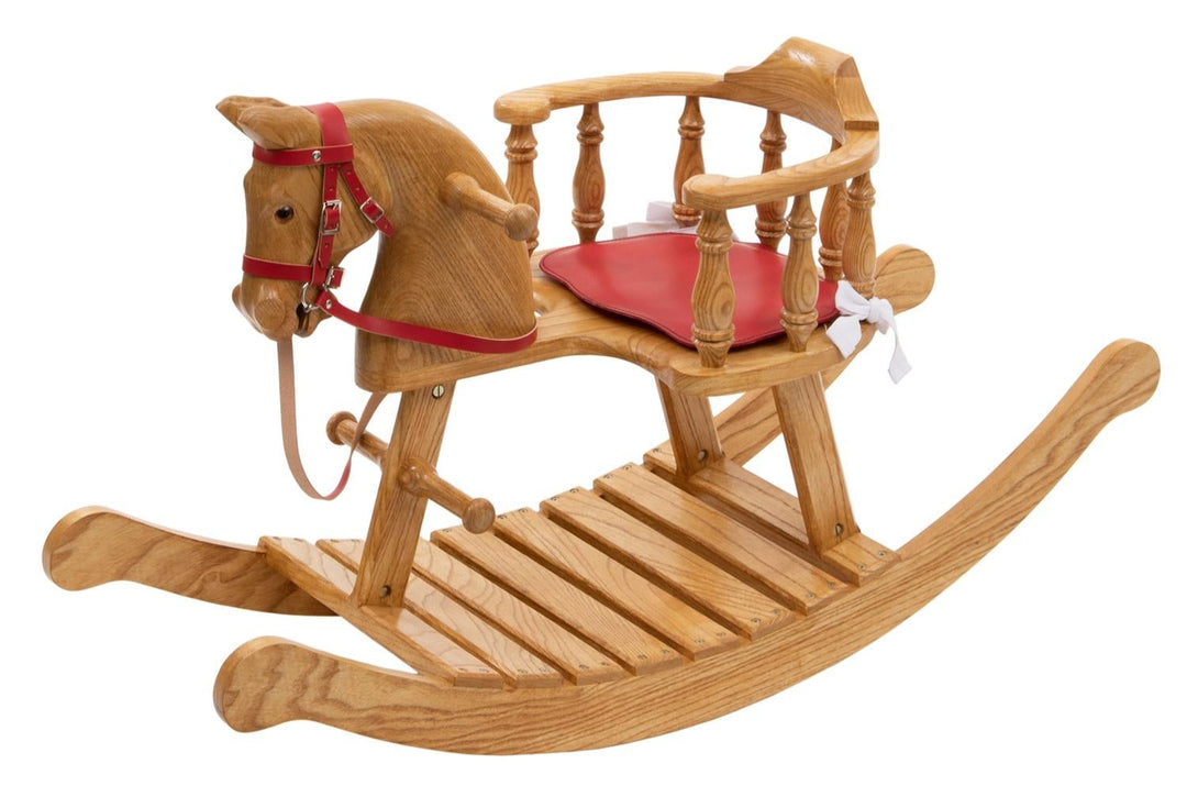 Oak baby rocker with red leather seat, safety rails, and red bridle, designed for toddlers.

