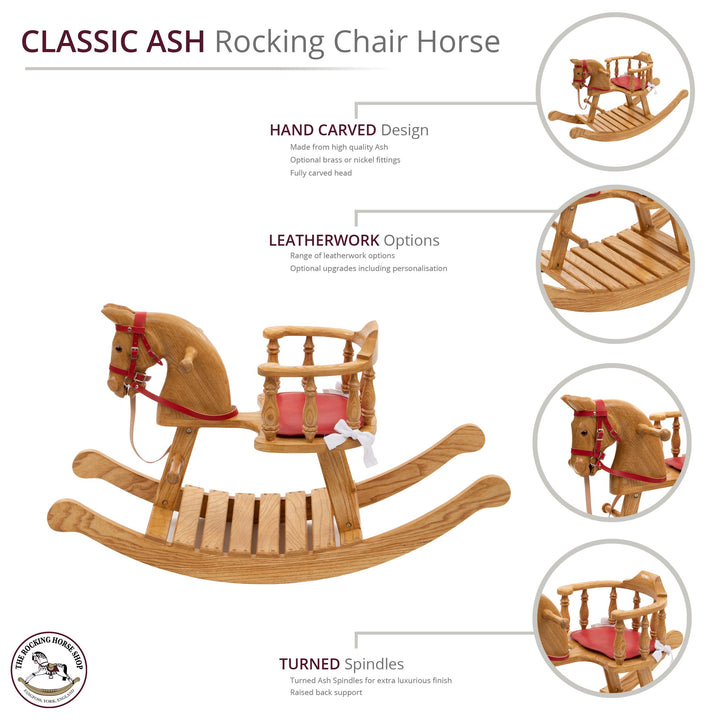 Oak baby rocker with red leather seat, safety rails, and red bridle, designed for toddlers.

