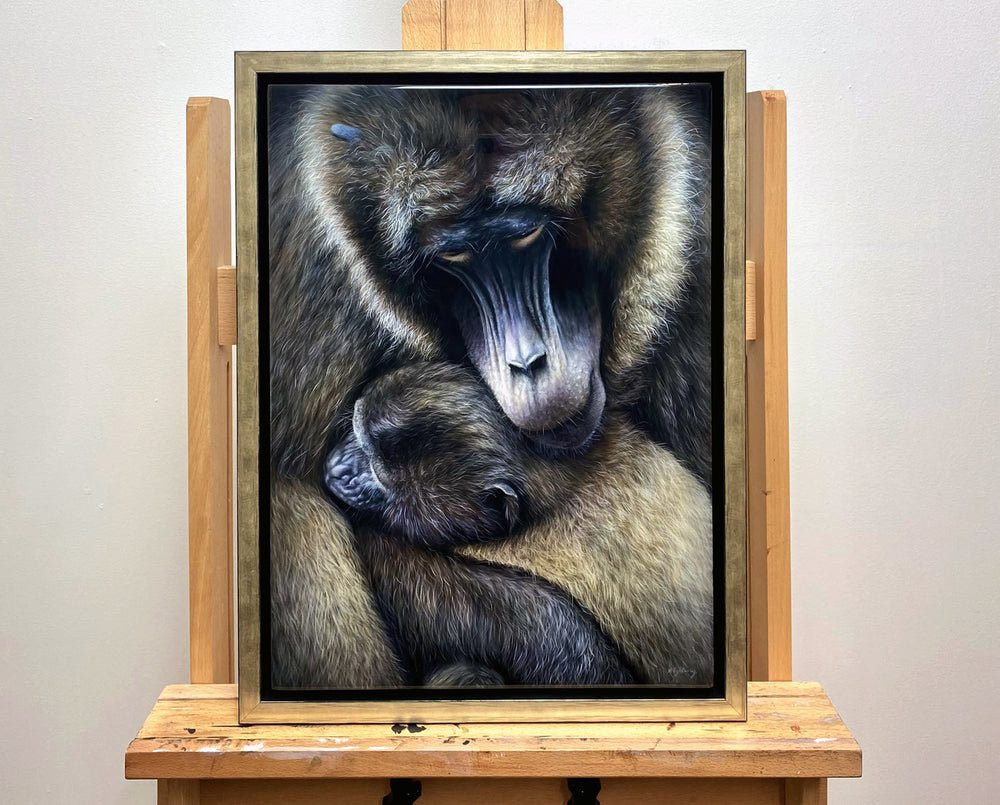 A tender close-up of a gelada baboon cradling its sleeping baby, both wrapped in soft, brown fur with rich highlights.