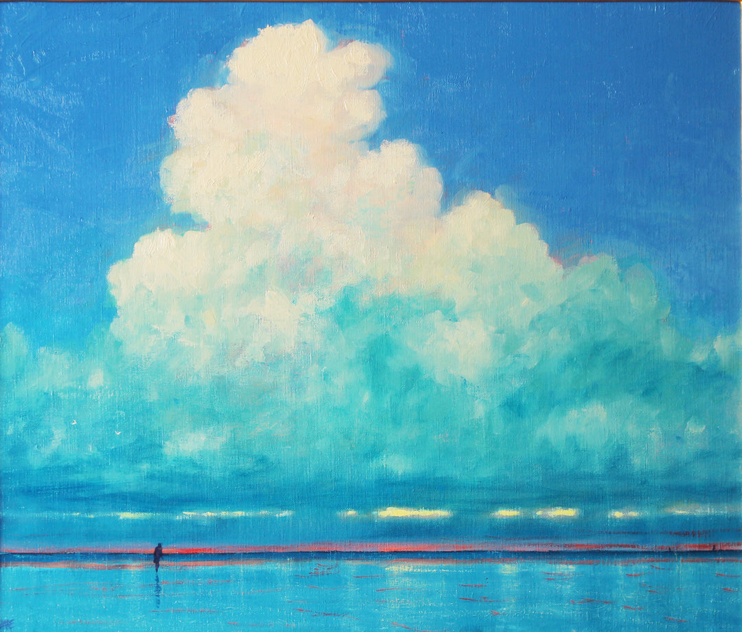 Derek Hare oil painting seascape of Holkham Beach with towering cumulus cloud, reflective sea and a solitary figure beneath a vast blue sky.
