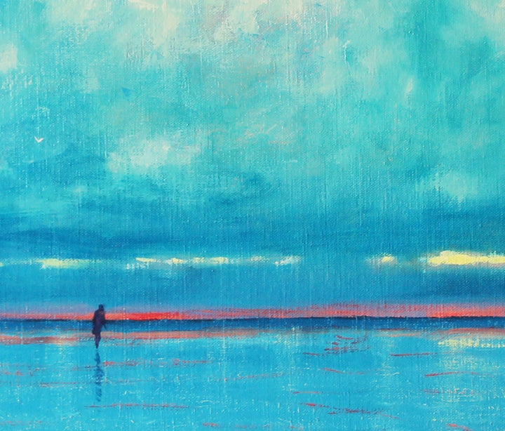 Derek Hare oil painting seascape of Holkham Beach with towering cumulus cloud, reflective sea and a solitary figure beneath a vast blue sky.