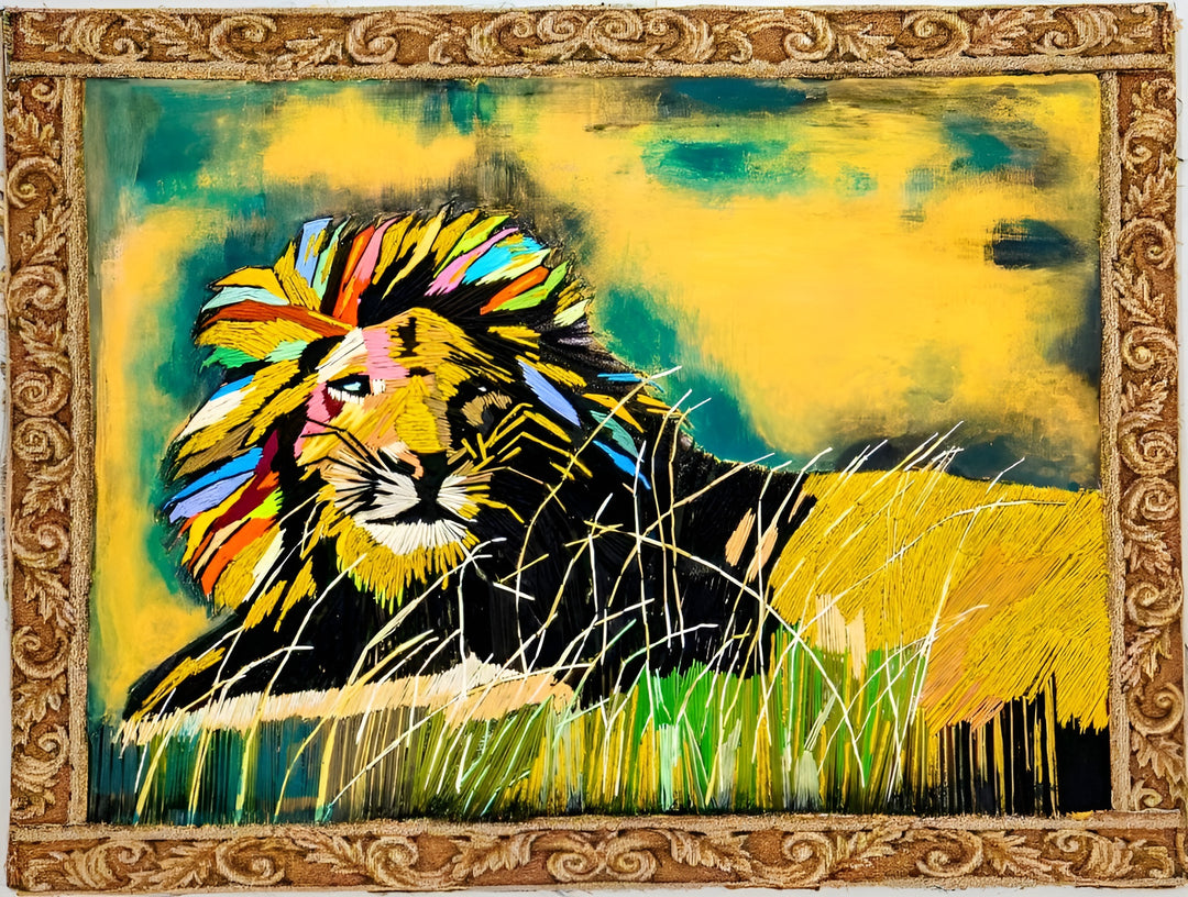 “Comeback” by Helena Safari, hand embroidery on canvas. A majestic lion reclines in tall grass, its mane bursting with embroidered colour – fiery yellows, radiant oranges, electric blues, vivid pinks, and deep greens against a golden-yellow and teal sky. The animal’s intense gaze and flowing mane exude both strength and renewal, while the textured stitches give the work depth and vitality.