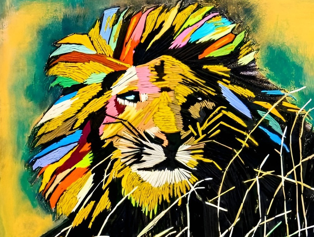 “Comeback” by Helena Safari, hand embroidery on canvas. A majestic lion reclines in tall grass, its mane bursting with embroidered colour – fiery yellows, radiant oranges, electric blues, vivid pinks, and deep greens against a golden-yellow and teal sky. The animal’s intense gaze and flowing mane exude both strength and renewal, while the textured stitches give the work depth and vitality.