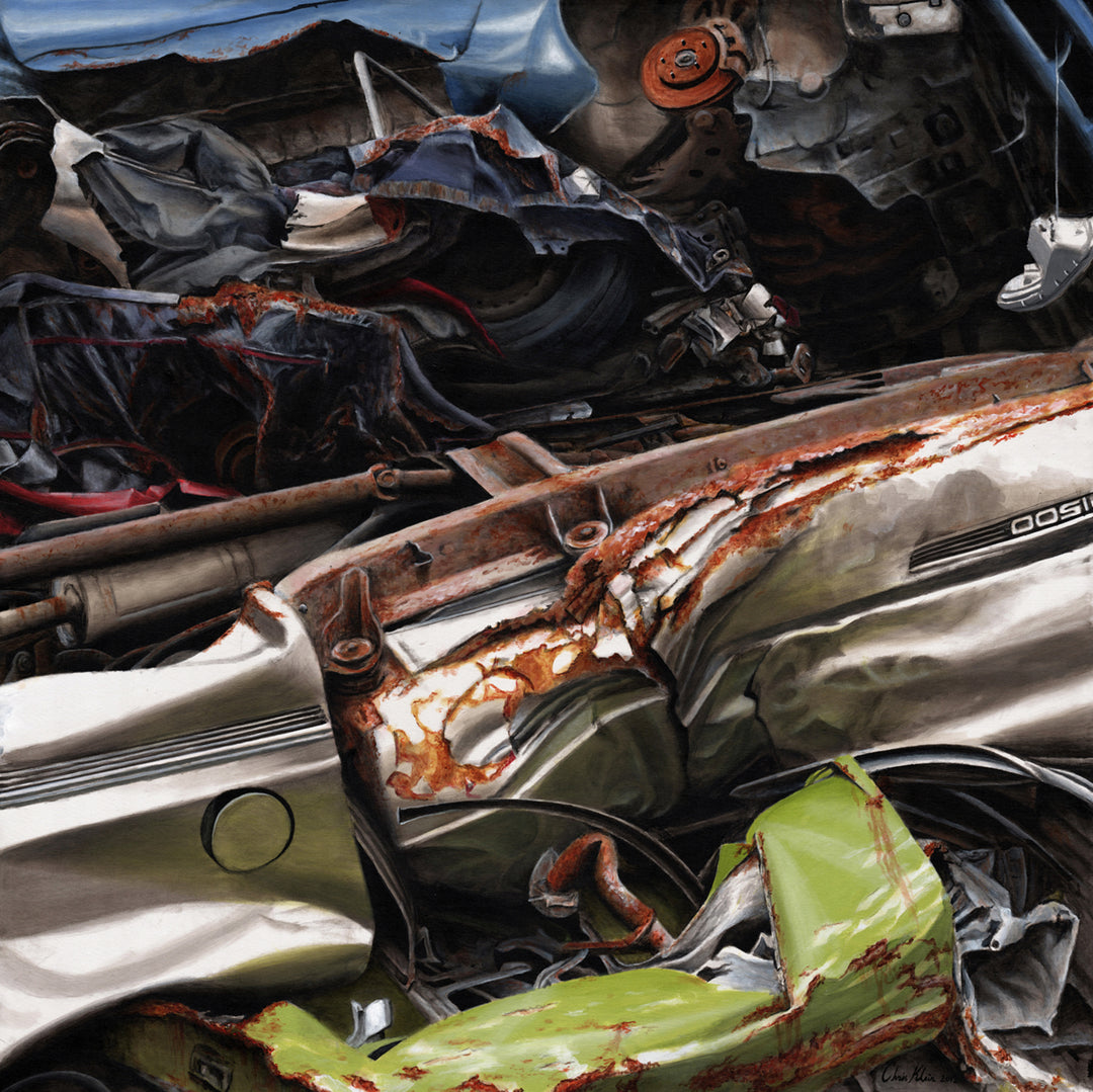Hyperrealistic painting of crushed cars in a scrapyard, featuring torn green and silver panels, rusted steel, and distorted textures—capturing the layered chaos of automotive wreckage.