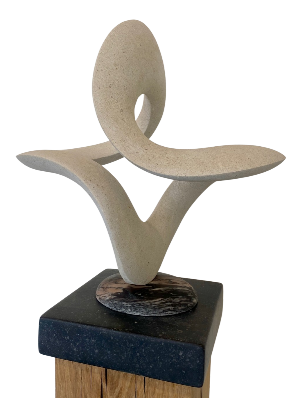 Abstract stone sculpture Cosmos 2025 by Hamish Holman, carved in pale Portland limestone with smooth organic curves and negative space, resting on a polished stone base, contemporary form.