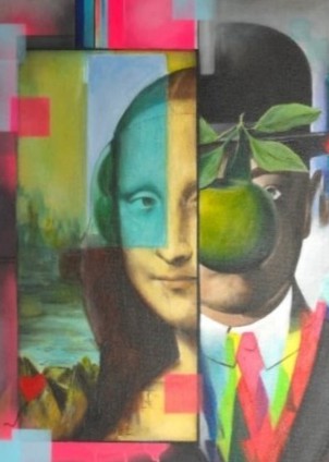 Mixed media portrait composition depicting a suited male figure with a bowler hat and green apple motif, fragmented and overlaid with classical portrait references, pixelated colour blocks and layered visual interruptions, rendered in acrylic paint with UV-reactive elements on a rectangular surface and presented within a bespoke multi-layer frame.