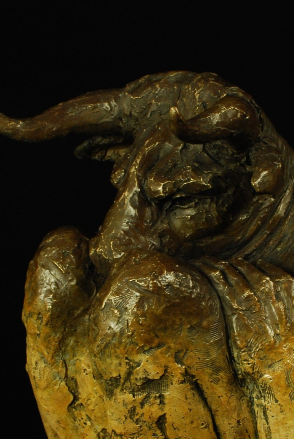 Bronze figurative sculpture by Eve Shepherd depicting a crouching Minotaur curled inward, horned head bowed and body folded low, conveying vulnerability and introspection through a textured, dark patinated surface against a black background.