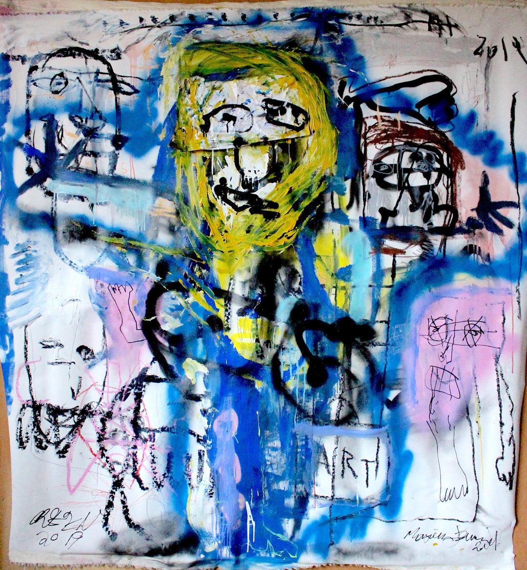 Large expressive abstract painting with raw, gestural faces and graffiti-like marks in vivid cobalt blue, lemon yellow, black, and soft pink on unstretched canvas — a chaotic yet emotive composition by James Green.