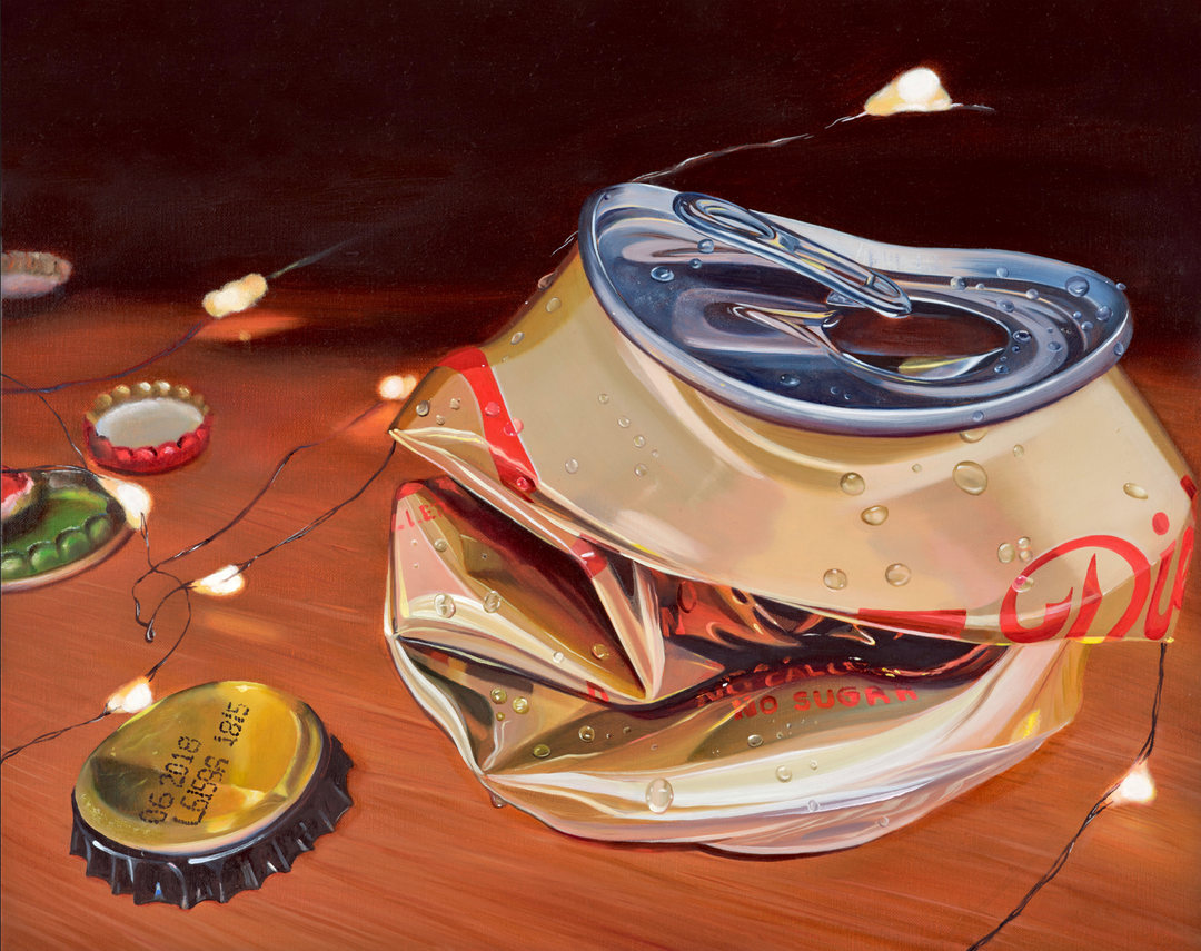 Hyperrealist painting of a crushed diet soda can with water droplets, surrounded by bottle caps and fairy lights on a wooden surface