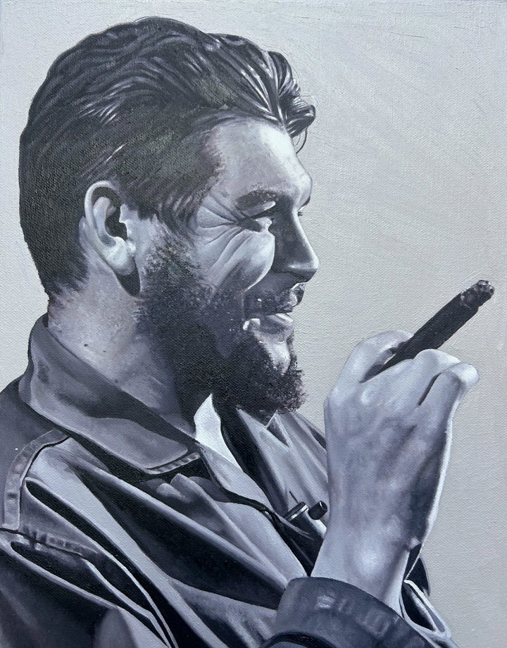 Large-format original oil painting designed as a vintage book cover, featuring a central black-and-white portrait of Che Guevara holding a cigar, surrounded by collage-style scenes of Fidel Castro, revolutionary crowds, and Cuban history. The composition is framed with bold red typography reading “CUBA” and “Patria o Muerte, Venceremos,” set against muted grey tones with a strong blue outer border, evoking political resolve, collective identity, and revolutionary spirit.
