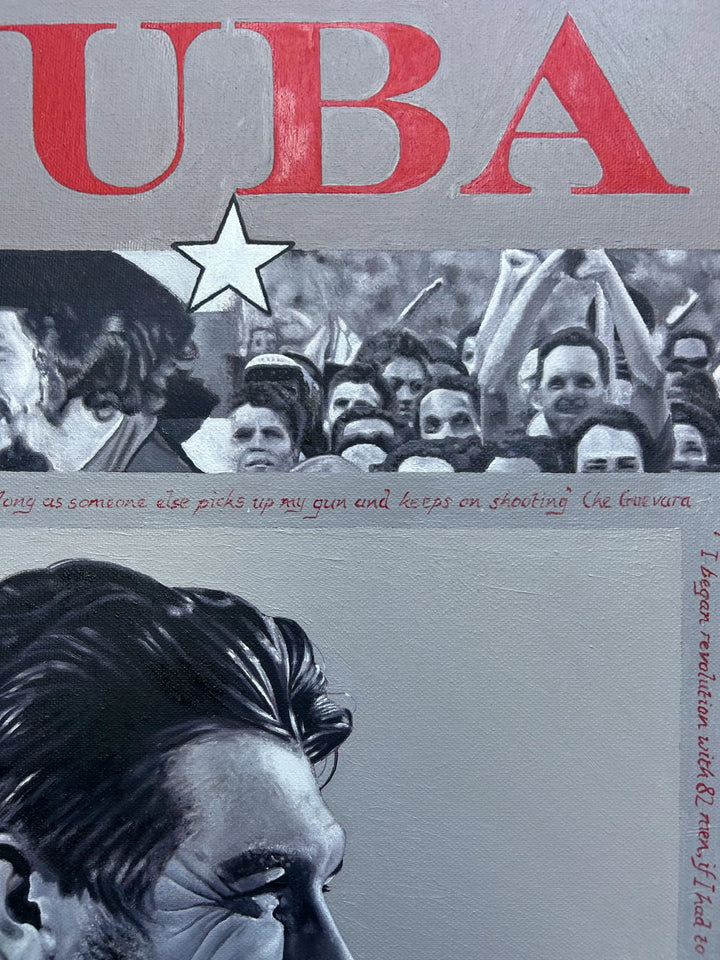 Large-format original oil painting designed as a vintage book cover, featuring a central black-and-white portrait of Che Guevara holding a cigar, surrounded by collage-style scenes of Fidel Castro, revolutionary crowds, and Cuban history. The composition is framed with bold red typography reading “CUBA” and “Patria o Muerte, Venceremos,” set against muted grey tones with a strong blue outer border, evoking political resolve, collective identity, and revolutionary spirit.