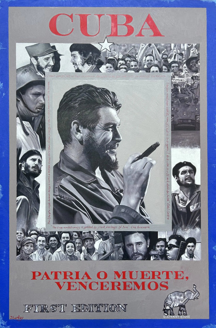 Large-format original oil painting designed as a vintage book cover, featuring a central black-and-white portrait of Che Guevara holding a cigar, surrounded by collage-style scenes of Fidel Castro, revolutionary crowds, and Cuban history. The composition is framed with bold red typography reading “CUBA” and “Patria o Muerte, Venceremos,” set against muted grey tones with a strong blue outer border, evoking political resolve, collective identity, and revolutionary spirit.