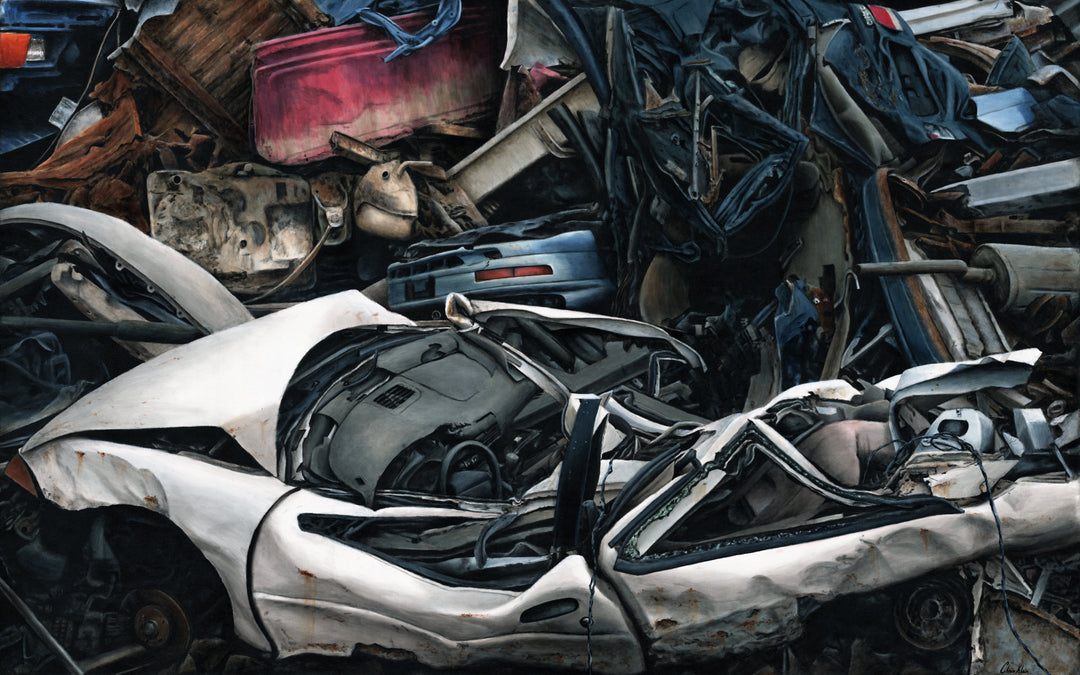 Hyperrealistic painting of a white convertible crushed among scrap metal, car parts, and debris—its twisted frame, exposed interior, and fractured bodywork captured in striking detail.