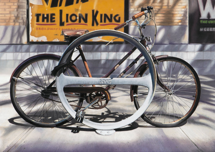 Limited edition giclée print by Ray West depicting a vintage bicycle locked to a sculptural NYC bike rack, set against Broadway posters and urban street textures, rendered in hyper-realistic pastel detail with strong afternoon shadows, layered surfaces, and a sense of everyday city life, printed on archival quality fine art paper.