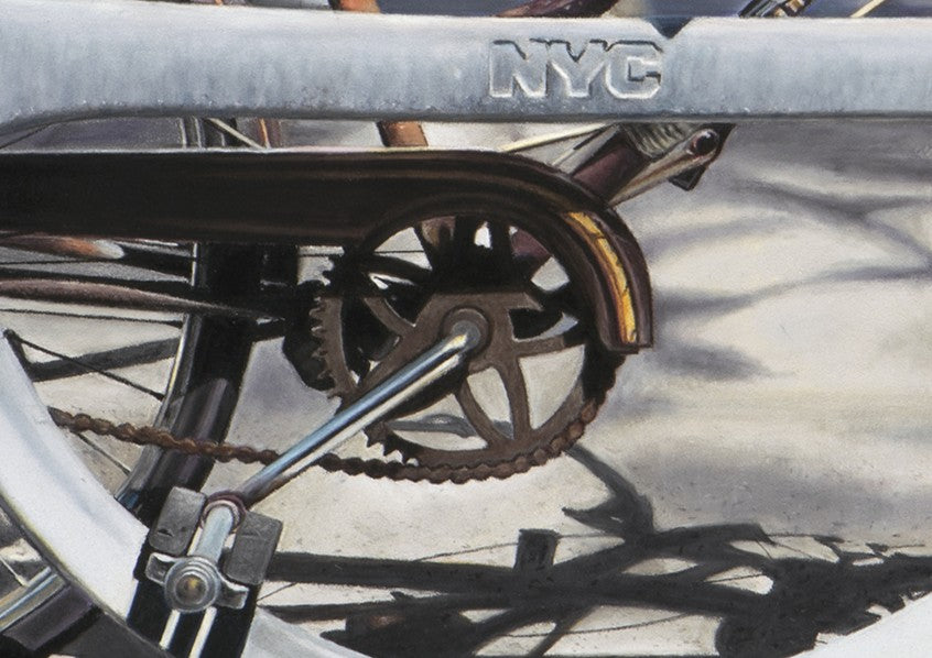 Limited edition giclée print by Ray West depicting a vintage bicycle locked to a sculptural NYC bike rack, set against Broadway posters and urban street textures, rendered in hyper-realistic pastel detail with strong afternoon shadows, layered surfaces, and a sense of everyday city life, printed on archival quality fine art paper.