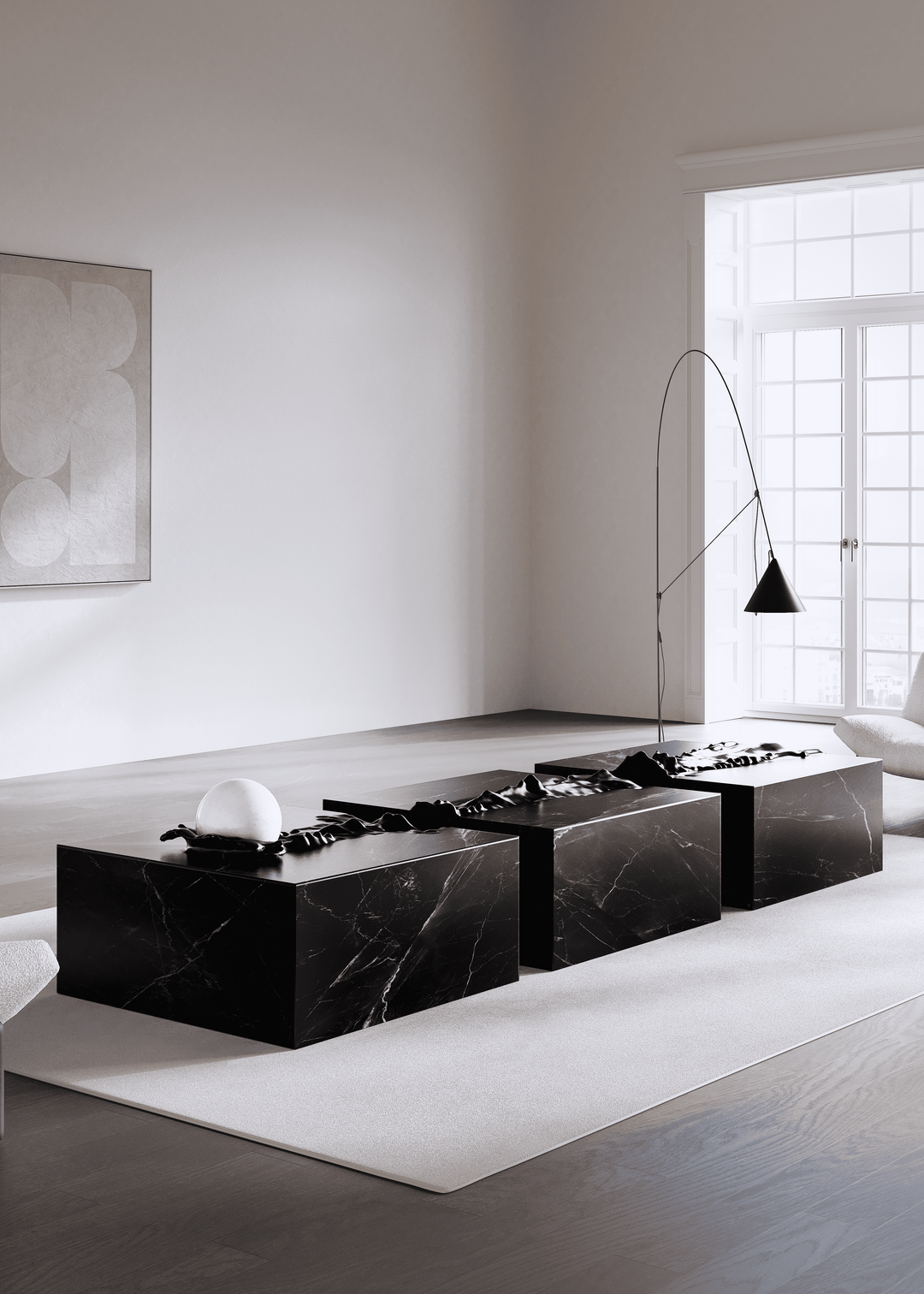 Duffy London Pearl Table sculptural marble coffee table with carved ripple effect and spherical pearl element, creating the illusion of water frozen in motion.