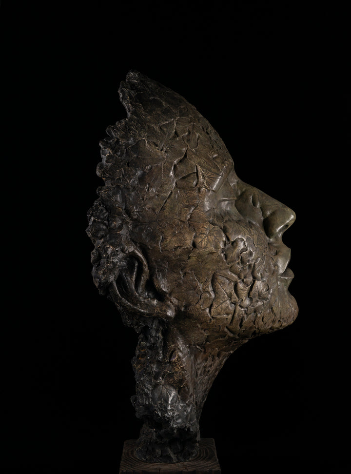 Contemplative bronze sculpture of a human face with closed eyes, tilted gently upward as if listening to the sounds of the forest. The surface is intricately detailed with embossed leaves and natural textures, merging human and woodland forms. With a rich patinated finish and mounted on a dark wooden plinth, this serene head sculpture symbolises quiet connection to nature, tree communication, and environmental awareness.