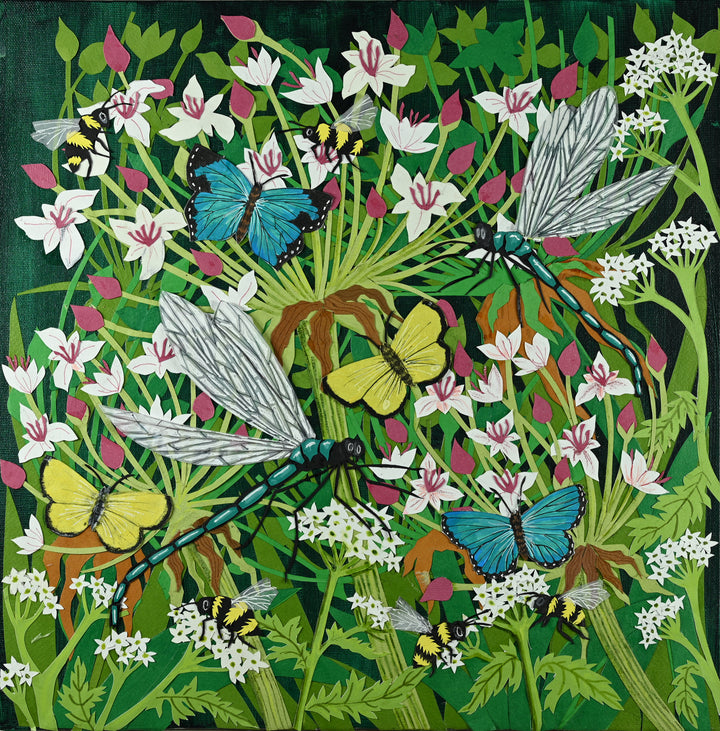 Cut-paper artwork featuring dragonflies, butterflies and bees in a dense summer meadow of white, pink and green botanical forms; layered coloured papers create a lively, intricate composition full of movement and detail.