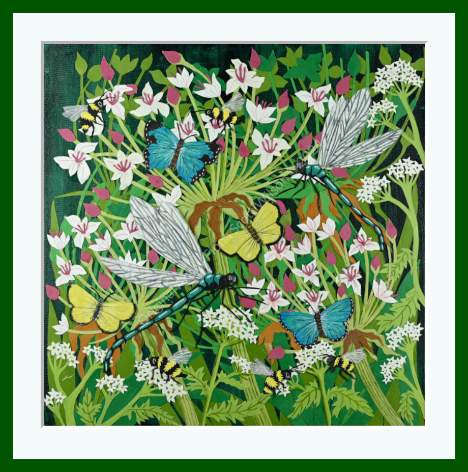 Cut-paper artwork featuring dragonflies, butterflies and bees in a dense summer meadow of white, pink and green botanical forms; layered coloured papers create a lively, intricate composition full of movement and detail.