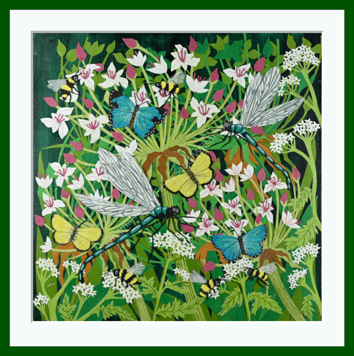 Cut-paper artwork featuring dragonflies, butterflies and bees in a dense summer meadow of white, pink and green botanical forms; layered coloured papers create a lively, intricate composition full of movement and detail.