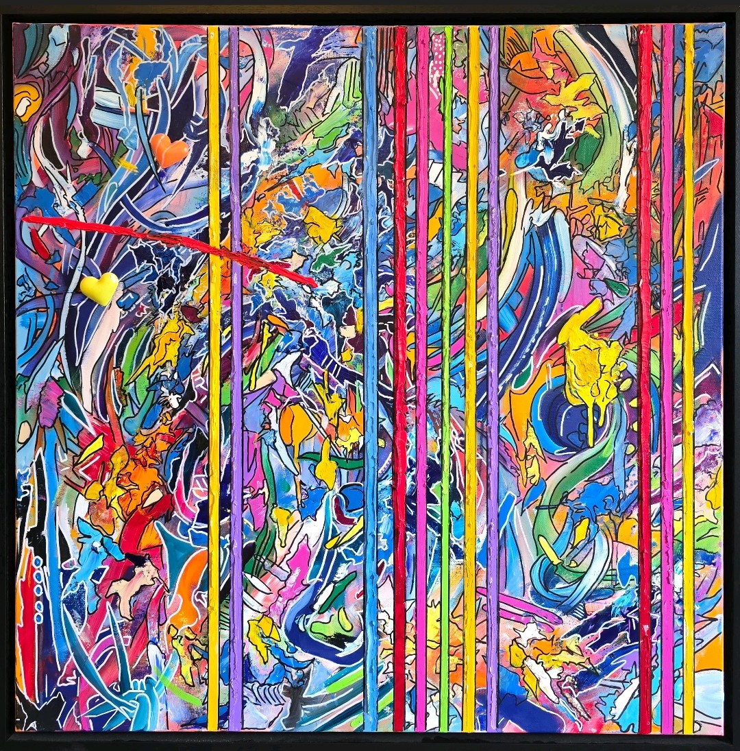 A vibrant abstract graffiti painting filled with layered colours, bold linework and dripping textures, with vertical multicoloured stripes cutting through the centre and two small 3D resin hearts emerging from the surface. The artwork blends chaotic movement with structured lines, creating a vivid, energetic, contemporary statement piece.