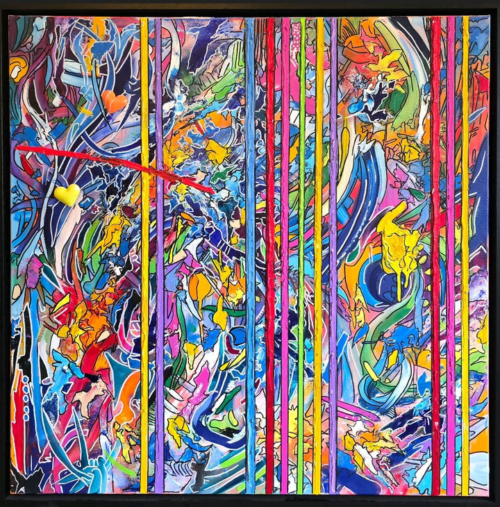 A vibrant abstract graffiti painting filled with layered colours, bold linework and dripping textures, with vertical multicoloured stripes cutting through the centre and two small 3D resin hearts emerging from the surface. The artwork blends chaotic movement with structured lines, creating a vivid, energetic, contemporary statement piece.