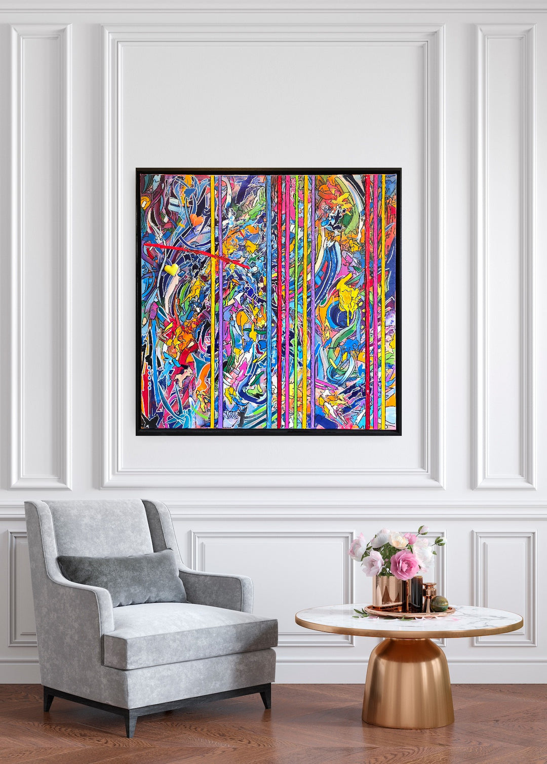 A vibrant abstract graffiti painting filled with layered colours, bold linework and dripping textures, with vertical multicoloured stripes cutting through the centre and two small 3D resin hearts emerging from the surface. The artwork blends chaotic movement with structured lines, creating a vivid, energetic, contemporary statement piece.
